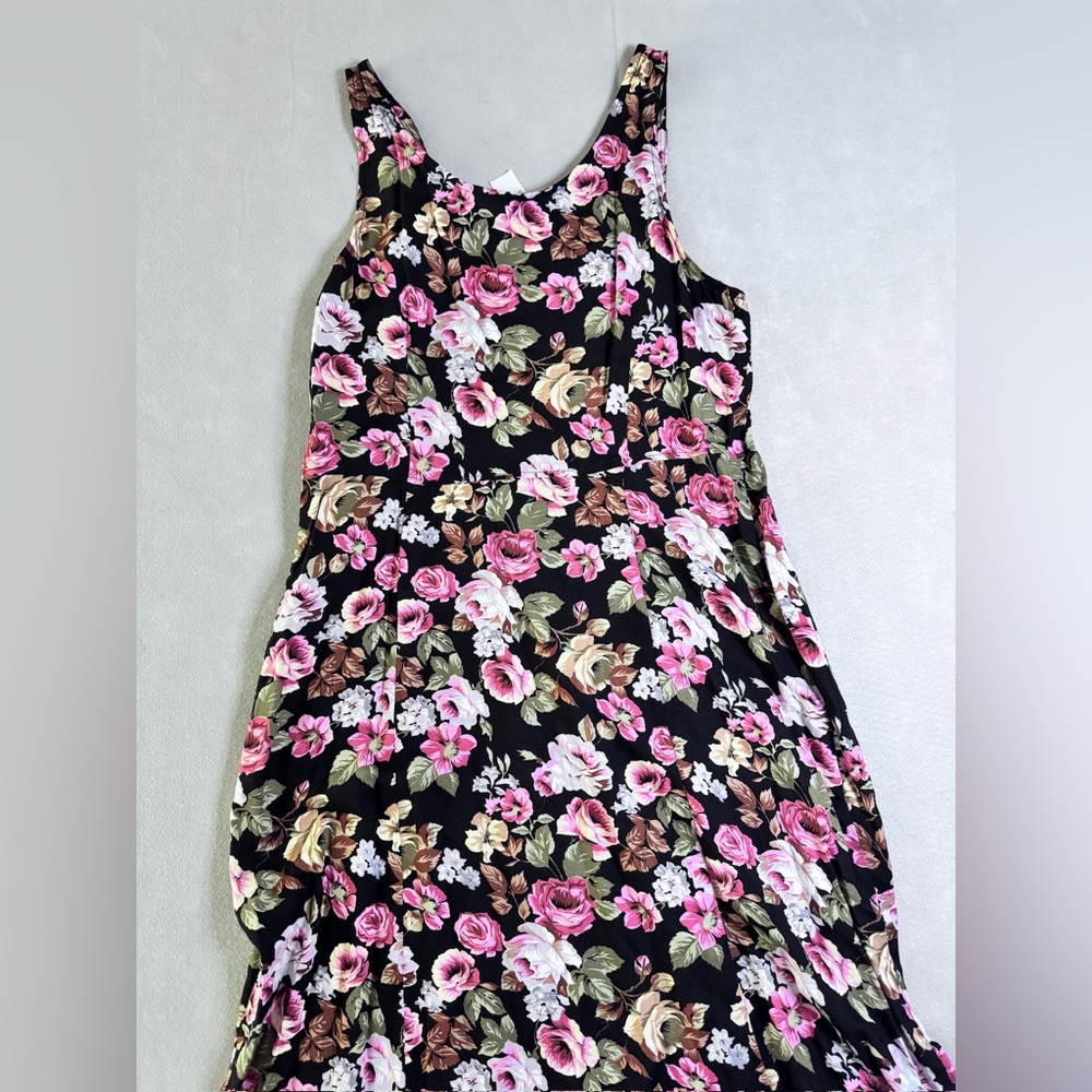 Vtg Floral Tank Maxi Dress Sz 16 Black Pink Festival 90s Retro Grunge Cottage - Picture 2 of 7
